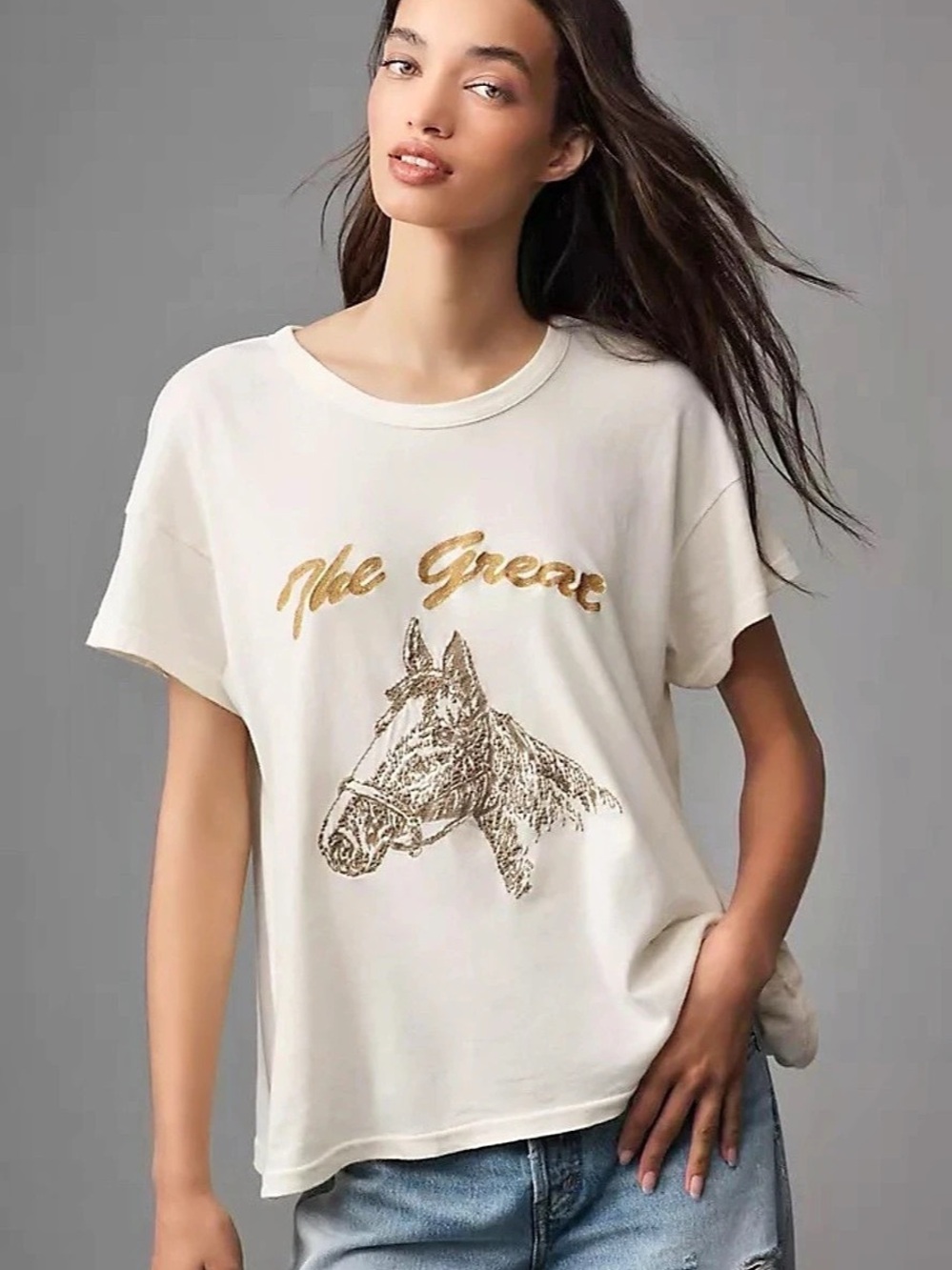 Anthropologie Size 1 The Great The Boxy Crew with Horse Embroidery Short Sleeve